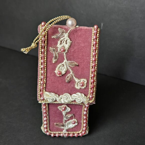 Velvet Beaded Birdhouse Ornament Pink Embroidered Christmas Decoration Elegant - Picture 2 of 9